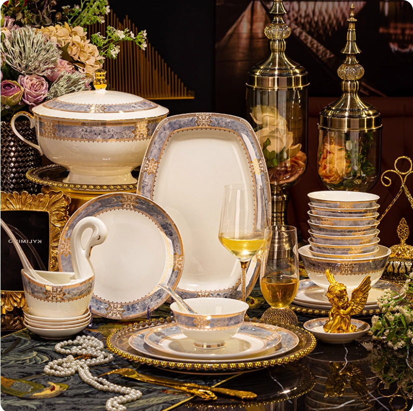 景珈欧式轻奢高档餐具套装碗碟家用景德镇骨瓷高温碗盘筷乔迁新居